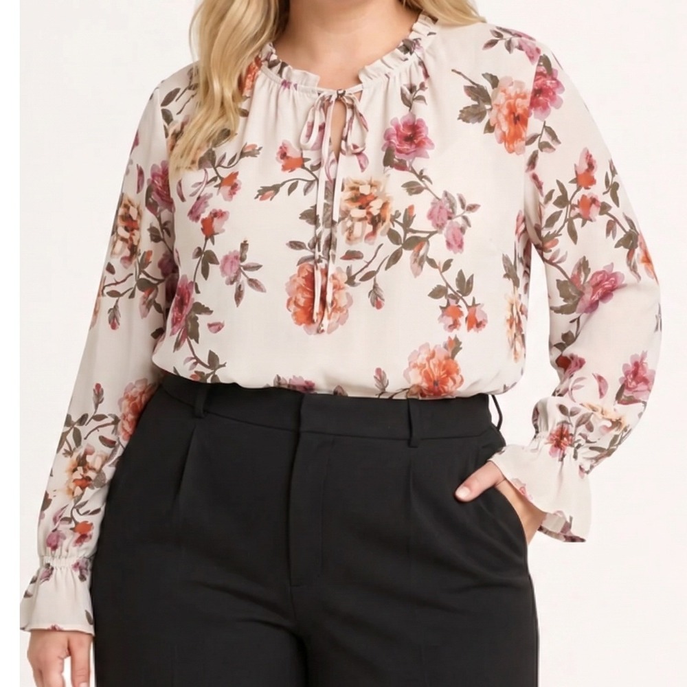 Violet Claire Floral Ruffle Tie Neck Sheer Chiffon Blouse XL Cream Pink Romantic